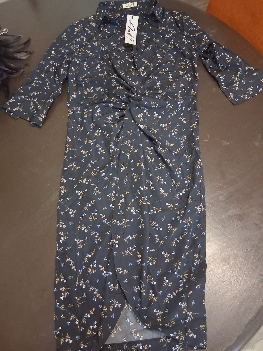 & Other Stories Navy Floral Twist-Front Midi Dress